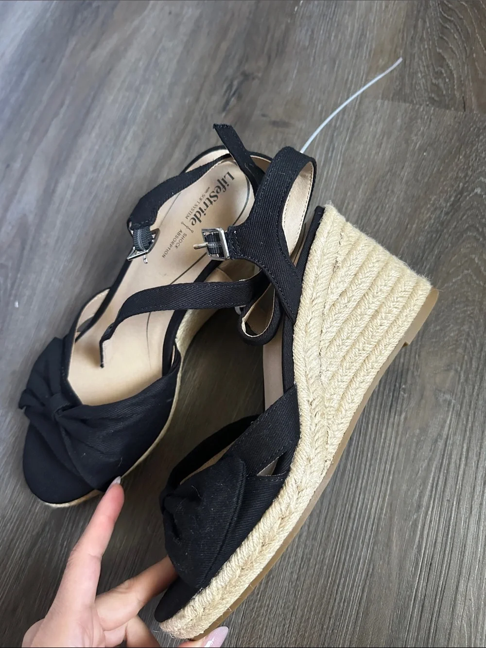 Life Stride Black Espadrille Knot-Front Wedge Sandals 10W